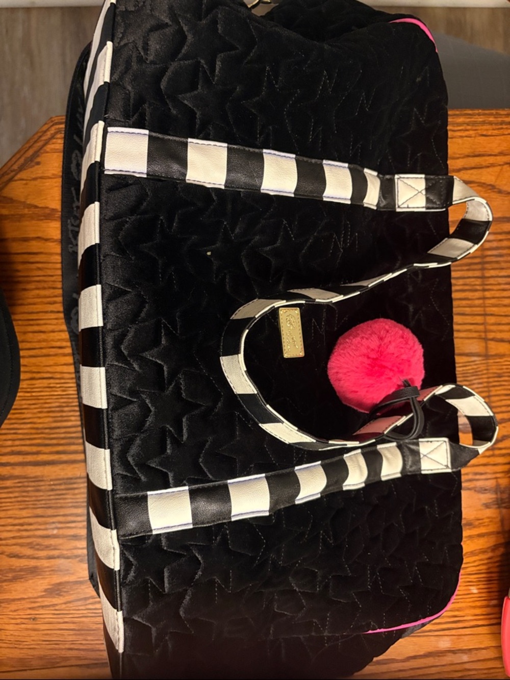 Betsey Johnson Black Quilted Tote with Striped Handles and Pink Pom